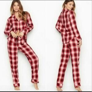 Victoria’s Secret Shimmer Red Pink Black Check Flannel Long PJ Set Small